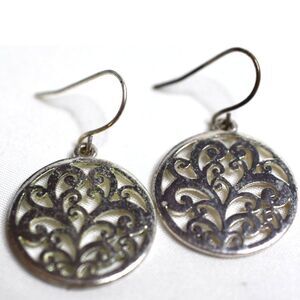 Old School Silver Tone Filigree 1.5" Circle Dangle Hook Casual Everyday Earrings